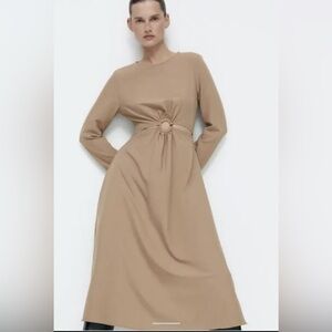 Zara Tan Long Sleeve Dress with Waist Detail